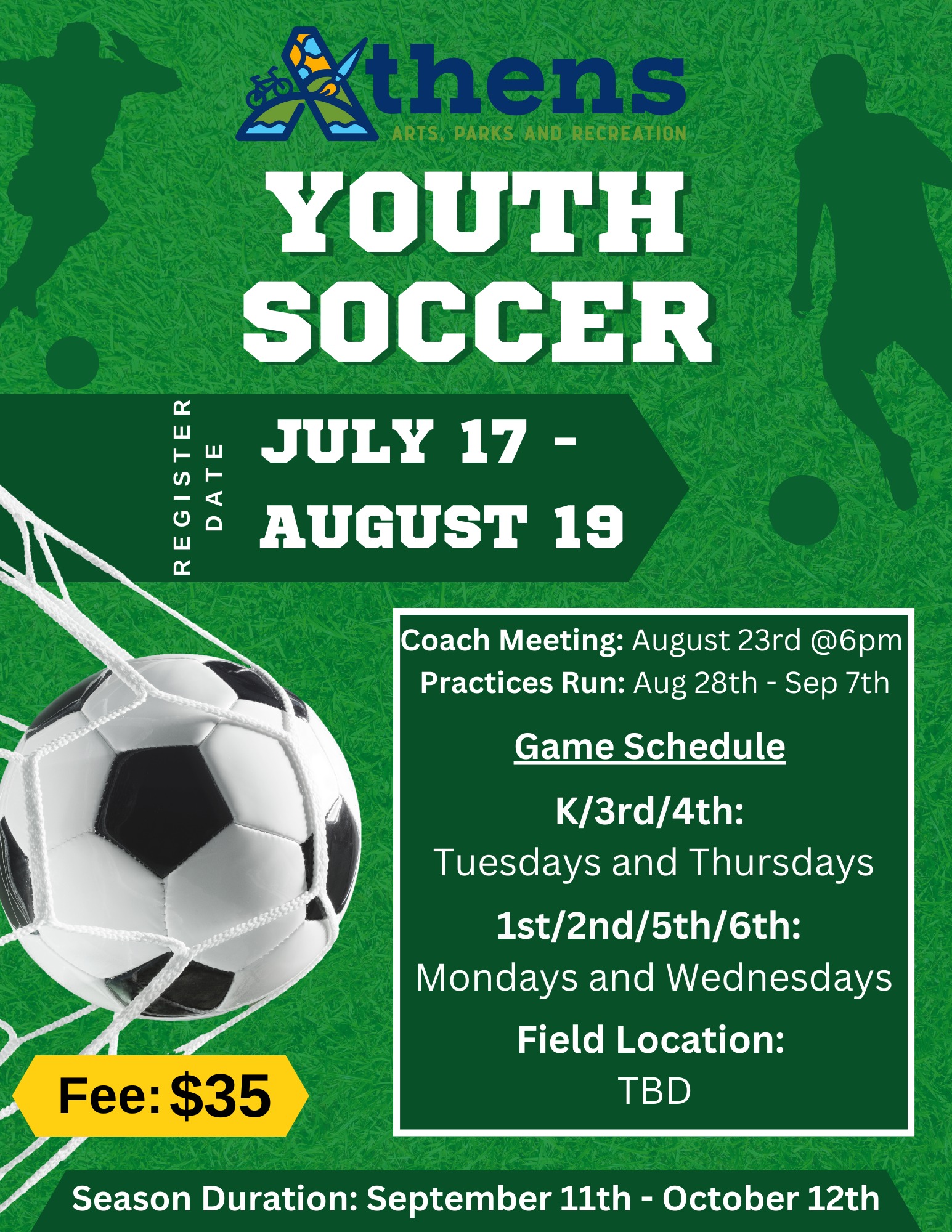 A flyer for Athens Youth Soccer registration. The flyer is green and has a picture of a soccer ball on it.