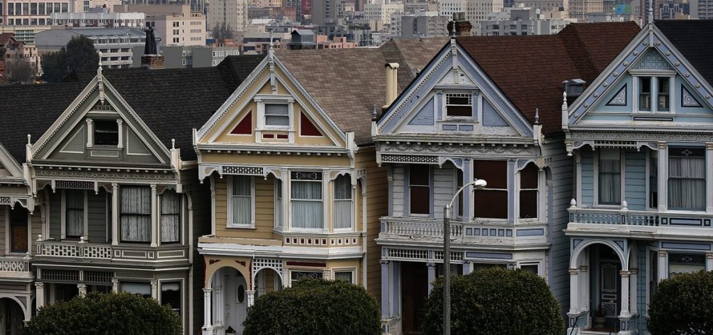 A view of San Francisco's famed Painted Ladies victorian houses on February 18, 2014 in San Francisco.