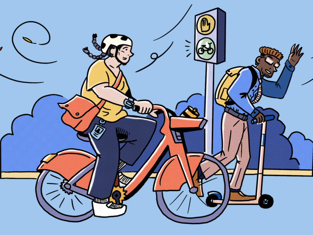 A cartoon depicting a person riding a bike and a person riding a scooter.
