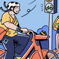 A cartoon depicting a person riding a bike and a person riding a scooter.