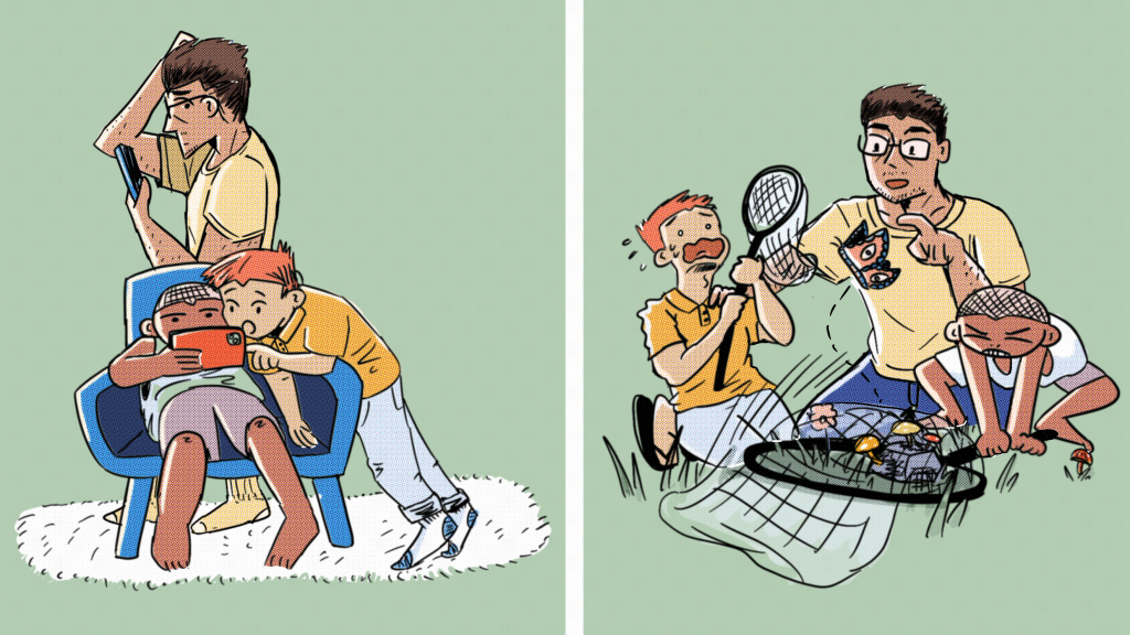 Two comic panels: one shows a man and two boys on separate electronic devices, and the other shows them doing outdoor activities.