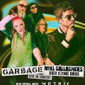 A promotional picture for the Noel Gallagher's High Flying Birds and Garbage co-headlining tour, depicting members of Garbage and also a pensive looking Noel against an abstract lime green background.