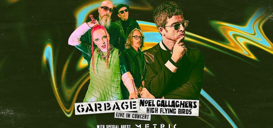 A promotional picture for the Noel Gallagher's High Flying Birds and Garbage co-headlining tour, depicting members of Garbage and also a pensive looking Noel against an abstract lime green background.