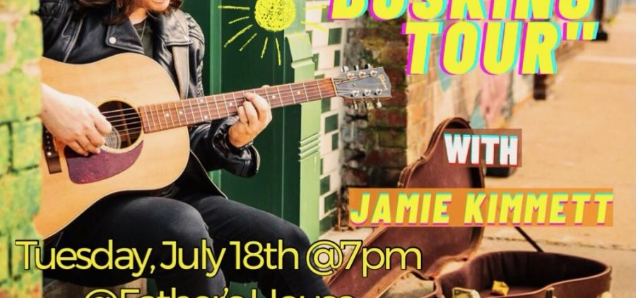 A flyer for Jamie Kimmett's Backyard Busking Tour. The image shows a person sitting in a doorway outside with a guitar in their hand.