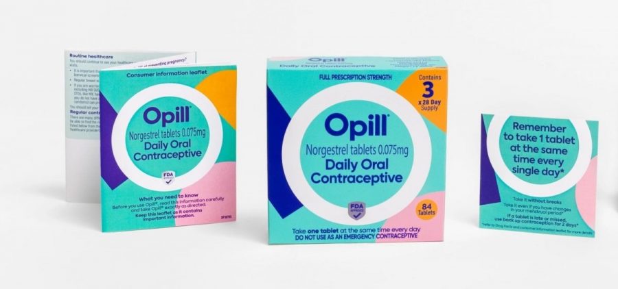 Three packages for Opill sit side by side in front of a white background.