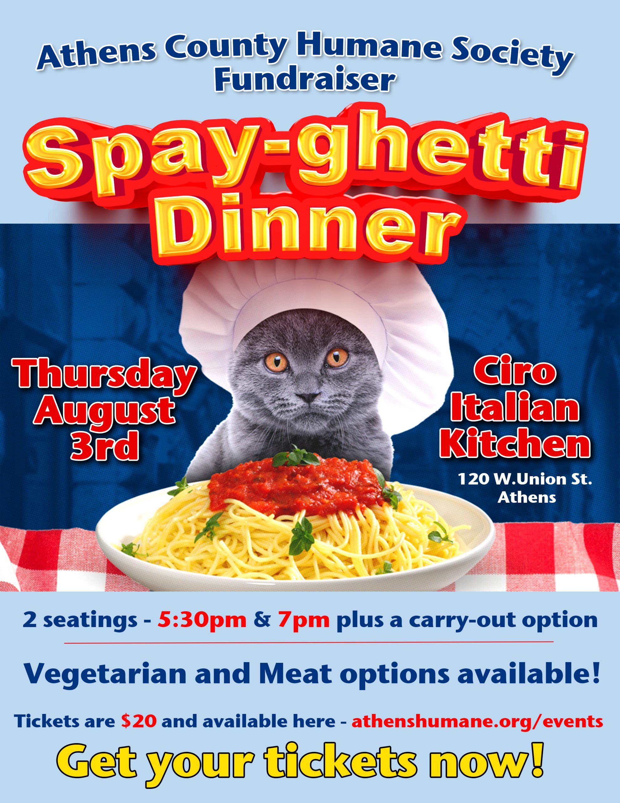 A flyer for the Athens County Human Society's Spay-ghetti fundraiser dinner. The central image is a grey cat with a chef's hat in front of a plate of spaghetti.