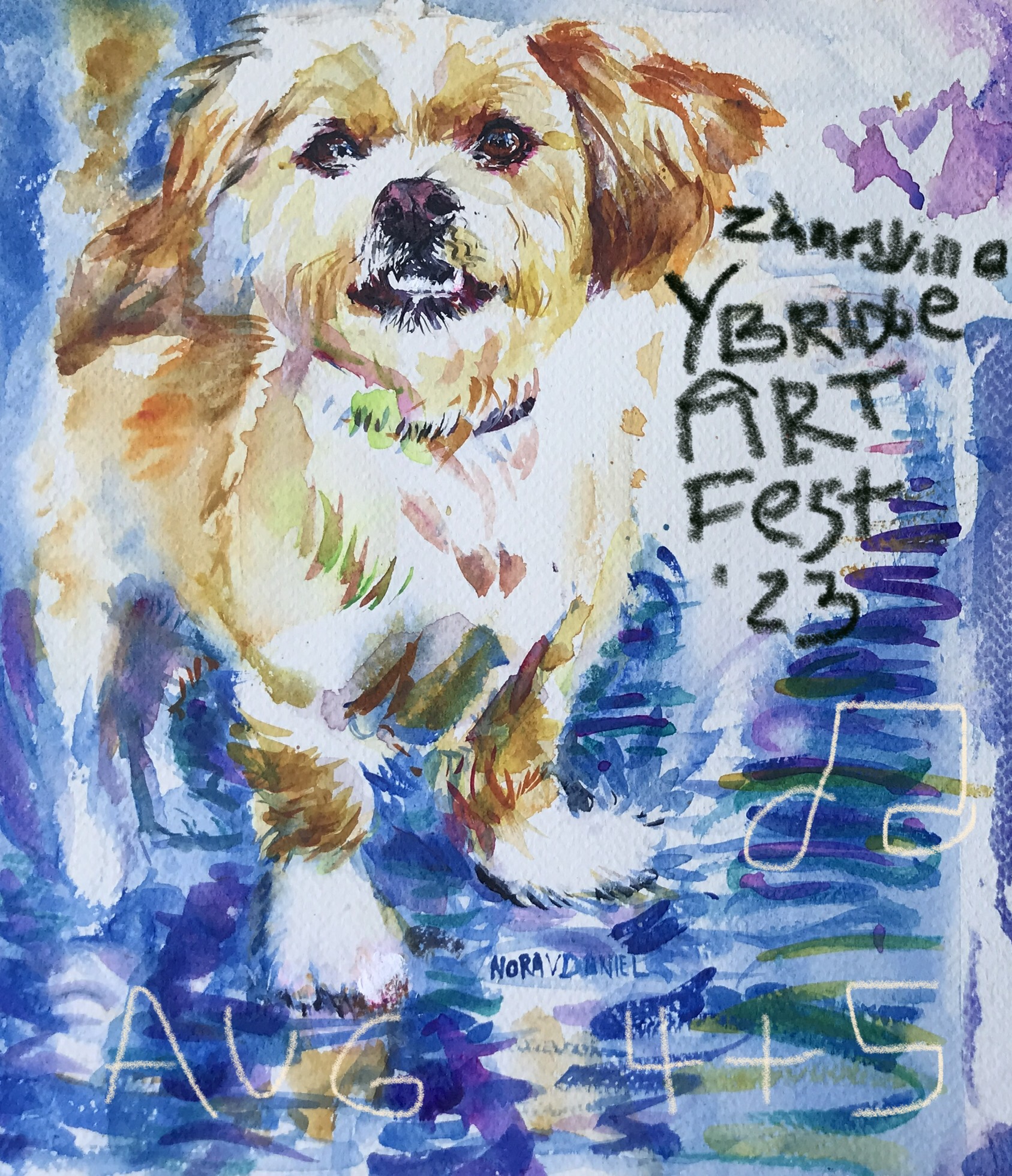 A poster for the Y-Bridge Arts festival, which shows a watercolor of a yellow, long haired, small dog.