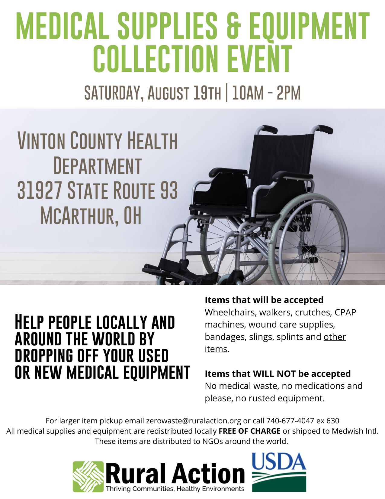 A flyer for Rural Action's Medical Supplies and Equipment Collection Event, featuring an image of a wheelchair.