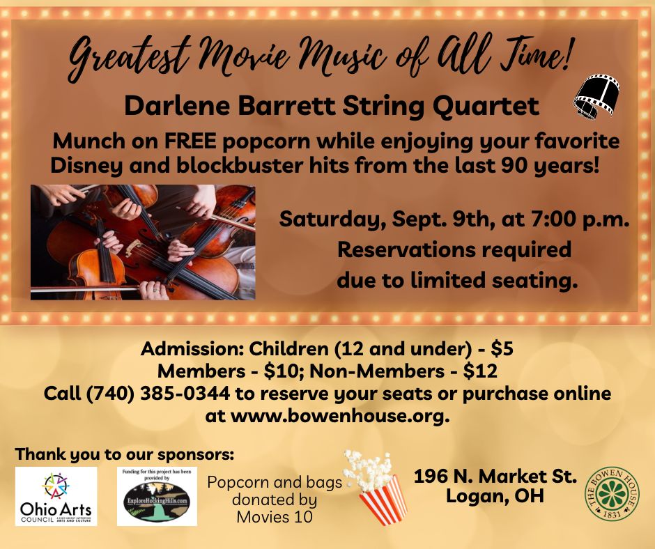 A flyer for the Darlene Barrett String quartet performance at the Bowen House. The flyer is brown and yellow.