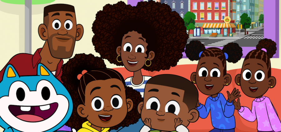PBS Kids animated program Lyla in the Loop characters Stu, dad, Lyla, mom, 5-year-old brother Luke, and 12-year-old twin sisters Liana and Louisa