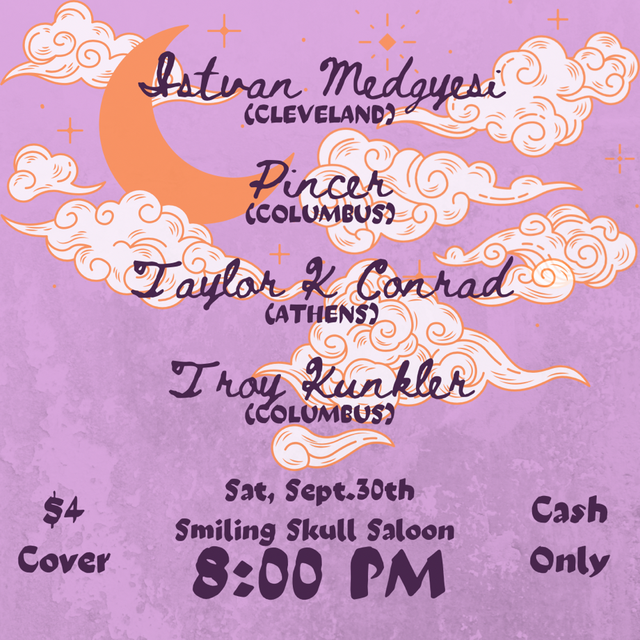 A promotional poster advertising an upcoming show at the Smiling Skull. The poster is on a lavender background and has clouds and a moon against the text.