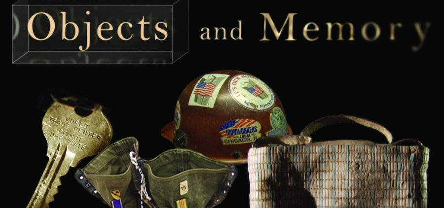Objects and memory title over military helmet, boots, key