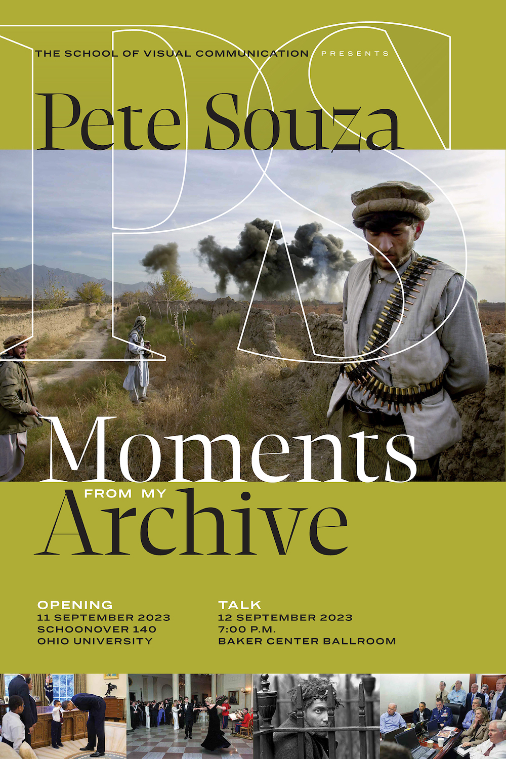 The flyer for the Pete Souza exhibition that is opening September 11. The flyer show's one of the photographer's photos of a person close to the camera against a desert landscpe.