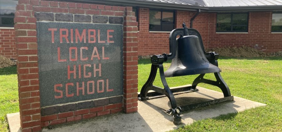 The sign outside of Trimble Local High School. A large bell sits next to it.