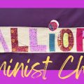 The logo for Calliope Feminist Choir, which has text reading with the name of the choir in mostly purple and yellow script.