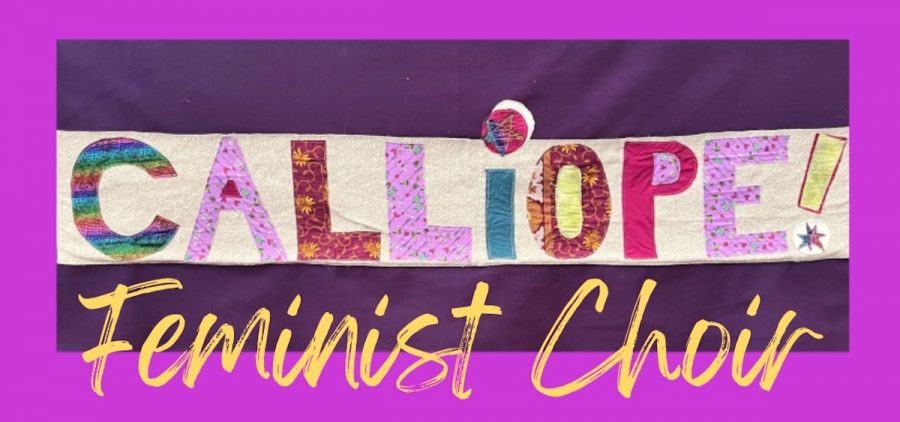 The logo for Calliope Feminist Choir, which has text reading with the name of the choir in mostly purple and yellow script.