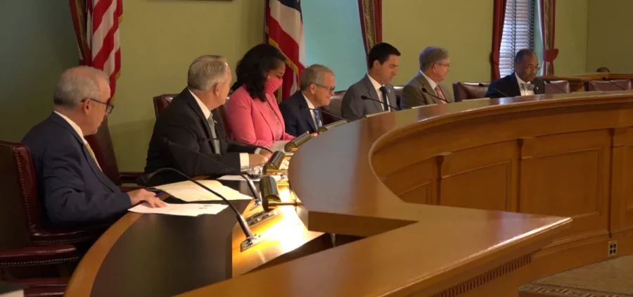 The first-ever Ohio Redistricting Commission meeting in August 2021 featured Senate President Matt Huffman (R-Lima), Auditor Keith Faber, Rep. Emilia Sykes (D-Akron), Gov. Mike DeWine, Secretary of State Frank LaRose, House Speaker Bob Cupp (R-Lima) and Sen. Vernon Sykes (D-Akron).