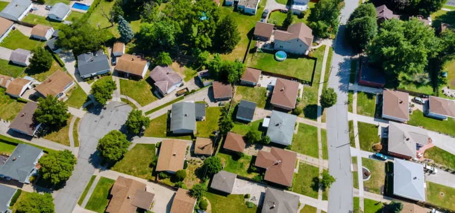 An aerial roof shot of houses in Cleveland