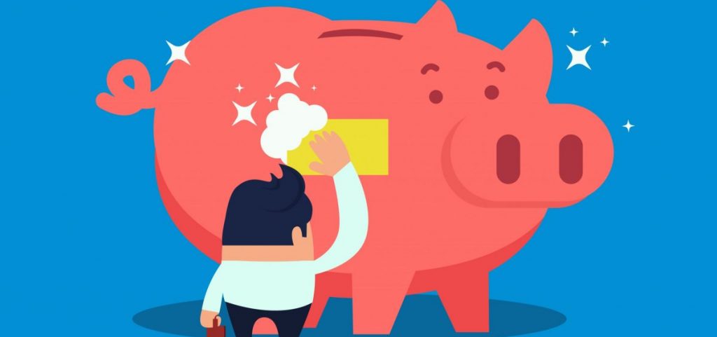 An illustration shows a person washing a piggy bank with a yellow sponge.