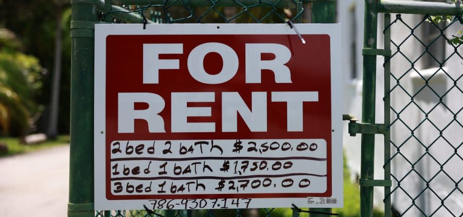 A "for rent" sign in front of a home on July 12, 2023 in Miami, Florida.