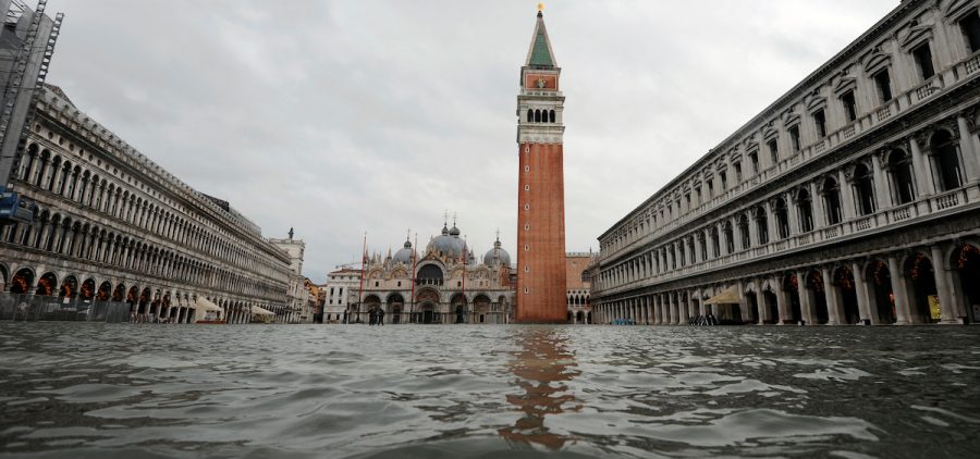 view of flooded courtyard in Venice, Italy