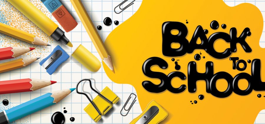 pencils and crayons surrounding a blob of yellow paint that says Back to School