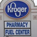 A Kroger grocery store sign promotes its pharmacy and fuel center at its Flowood, Miss., location