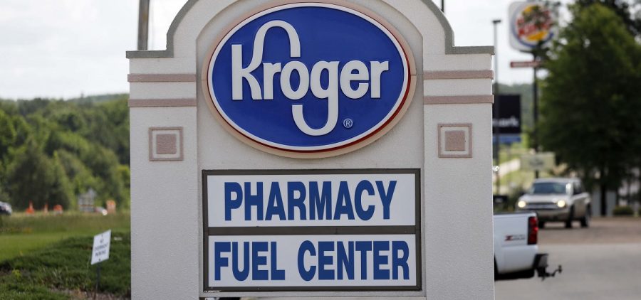 A Kroger grocery store sign promotes its pharmacy and fuel center at its Flowood, Miss., location