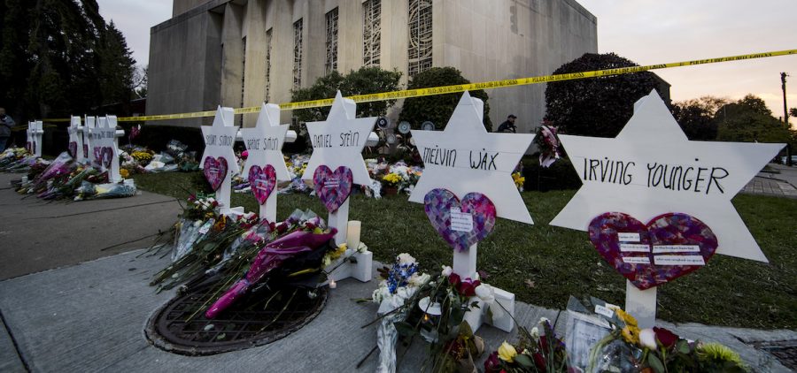 A makeshift memorial stands outside the Tree of Life Synagogue in the aftermath of a deadly shooting in Pittsburgh.