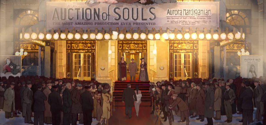 A nighttime premier of Aurora Mardigian's film, Auction of Souls. The shot is centered with premier attendees headed up the stairs, while there are hoards of paparazzi flanking the red carpet. There is a notable contrast between the imagery from the film, in which Aurora is shown beleaguered, and the attendees below, who are dressed in glamorous clothes.