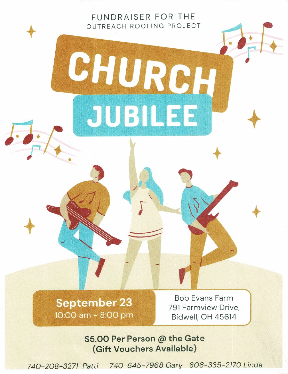 A flyer for a Church Jubille, there is clipart of three people dancing on the poster alongside information about the event.