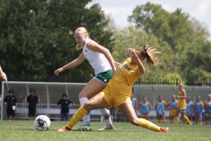 Ohio midfielder Carsyn Prigge (24) fights for the loose ball in Ohio's match against Northern Kentucky