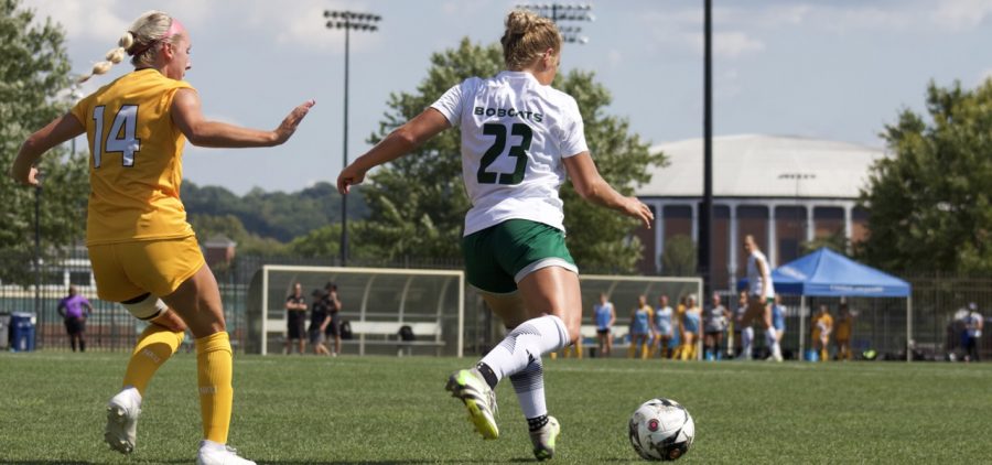 Defender Kennedy Rieple (23) prepares to pass the ball in Ohio's match against Northern Kentucky
