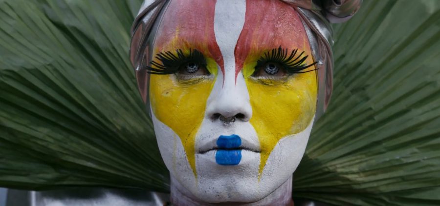 a non-binary performance artist and ecologist of indigenous origin living in Manaus, Brazil. face painted multiple colors