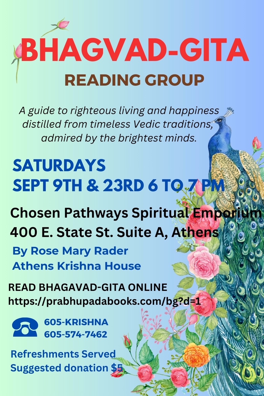 A flyer advertising a reading group for the Bhagavad-Gita. a Picture of a peacock is on the flyer.