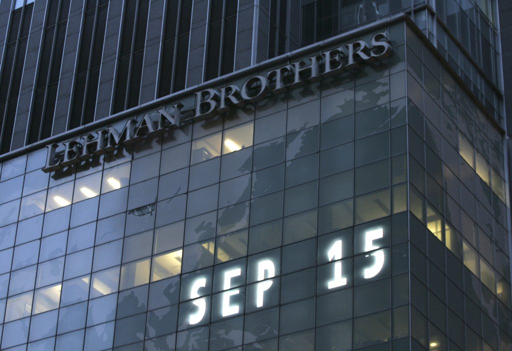 The headquarters of Lehman Brothers showing the date SEP 15, the day it closed.