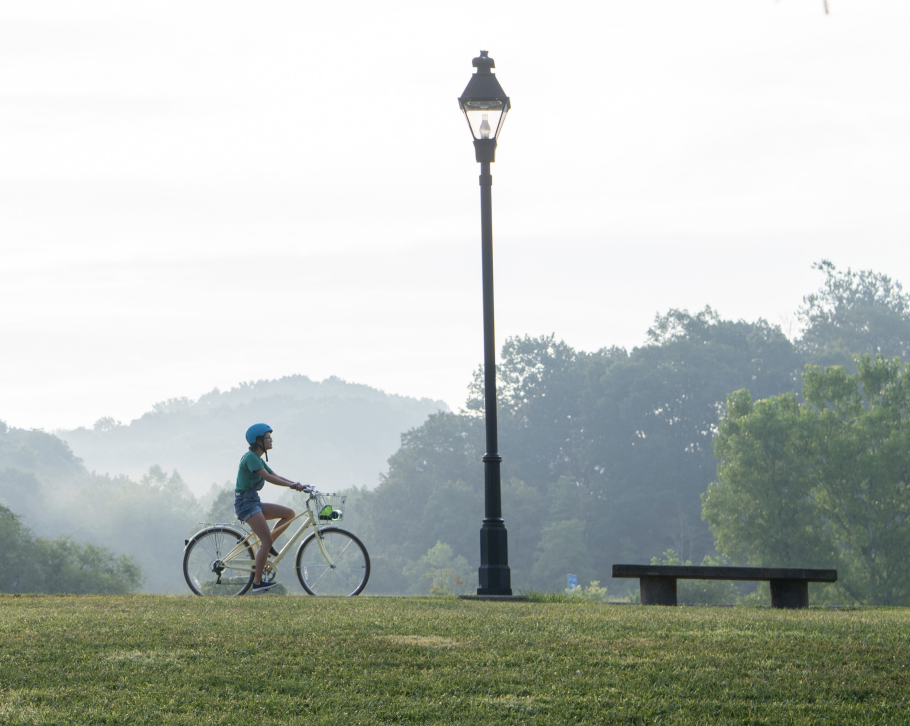 An image of a person riding a bike on a path with a street lamp nearby.