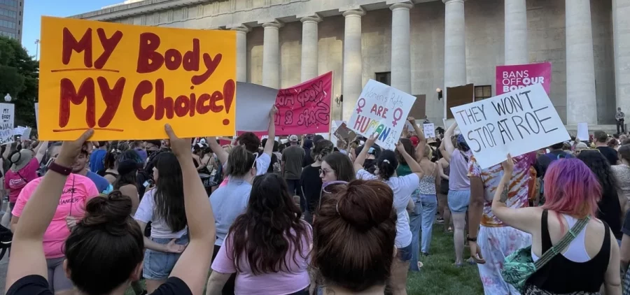 Protestors of Ohio's abortion ban outside the state capitol building