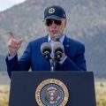 US President Joe Biden discusses investments in conservation and protecting natural resources, and how the Inflation Reduction Act is the largest investment in climate action, at Red Butte Airfield, 25 miles (40kms) south of Tusayan, Arizona