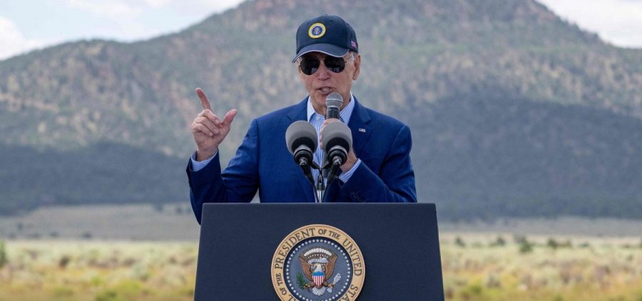 US President Joe Biden discusses investments in conservation and protecting natural resources, and how the Inflation Reduction Act is the largest investment in climate action, at Red Butte Airfield, 25 miles (40kms) south of Tusayan, Arizona
