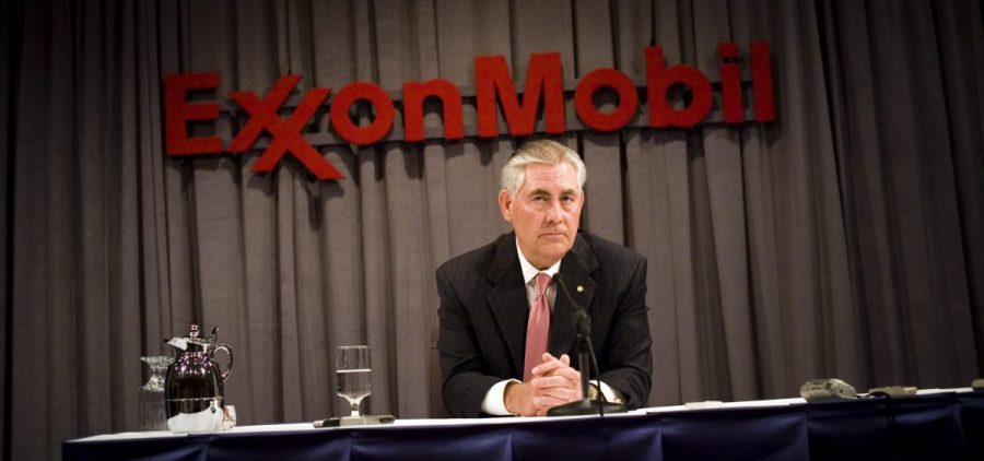Former ExxonMobil Chairman Rex Tillerson speaks at a press conference.