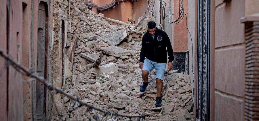 A resident navigates through the rubble following a 6.8-magnitude quake in Marrakesh on Saturday.