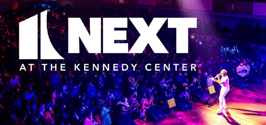 logo for Next at the Kennedy Center with singer on stage performing in front of large crowd
