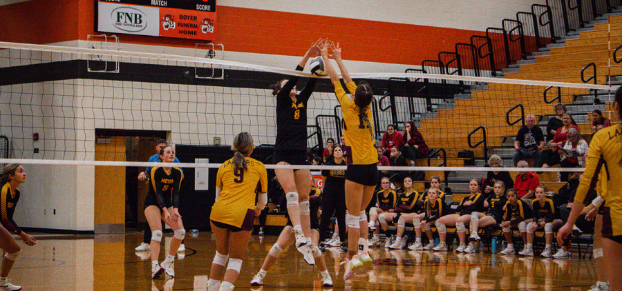 High school girls volleyball: Meigs Marauders and Federal Hocking Lancers front hitters both go up for a block with the ball falling on Federal Hocking's side