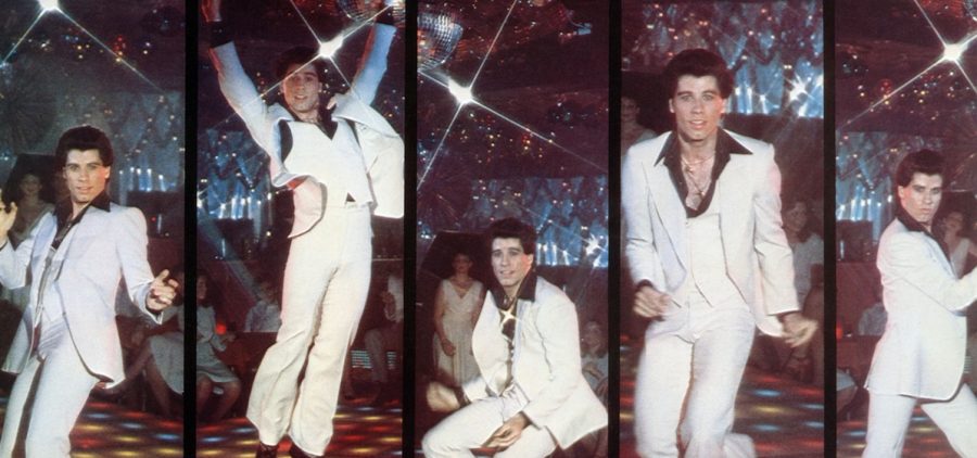 Five frames of john Travolta in the 1977 film Saturday Night Fever, in white suit dancing to disco.