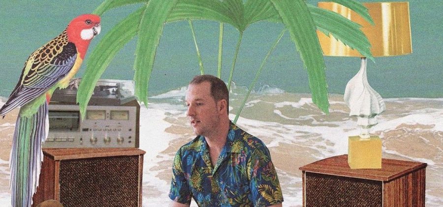 A promotional image for Monster Rally, with Ted Feighan in the midst of a tropical collage.
