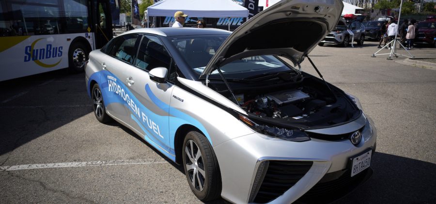 A 2021 Toyota Prius that runs on a hydrogen fuel cell sits on display at the Denver auto show