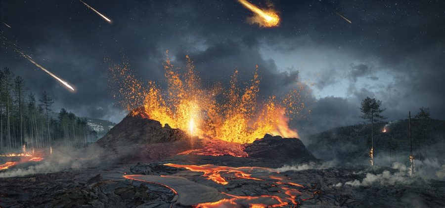 Composite image: Fantasy close up scene of active volcano with fire, ice and smoke on the top.
