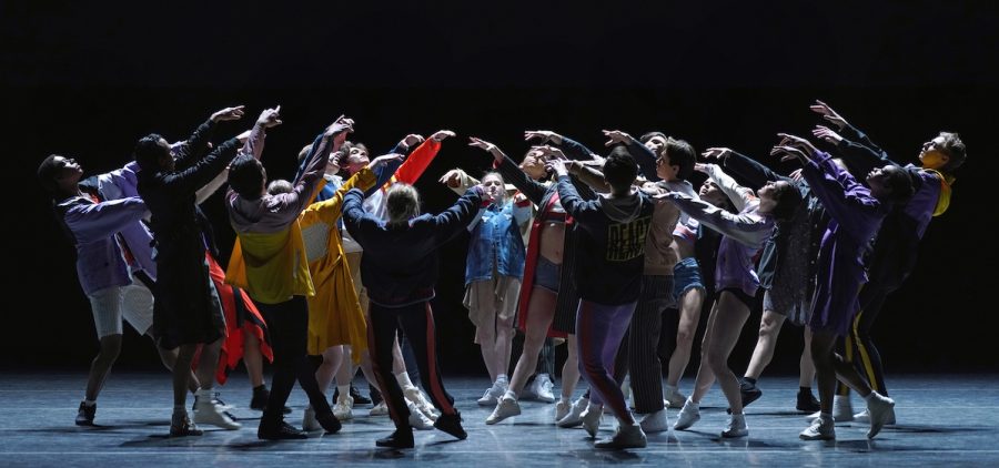 "The Times Are Racing" choreographed by Justin Peck. Group of ballet dancers performing on-stage in street clothes