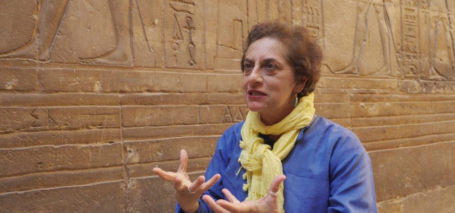 Salima Ikram explaining and holding hands out in front of hieroglyphics